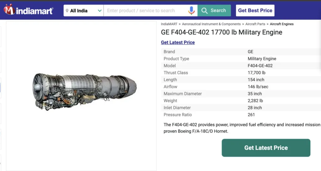 LCA Tejas Mk1A Engine: GE-F404 Engine Available on Indian Mart